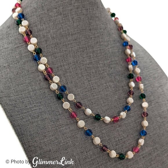 Vintage Long Multicolor Beaded Wire Faux Pearl Flapper Style Gold Tone Necklace - Picture 7 of 11